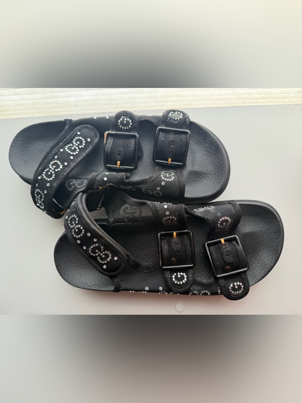 Gucci Black Studded Double-Buckle Sandals with Silver Rhinestones